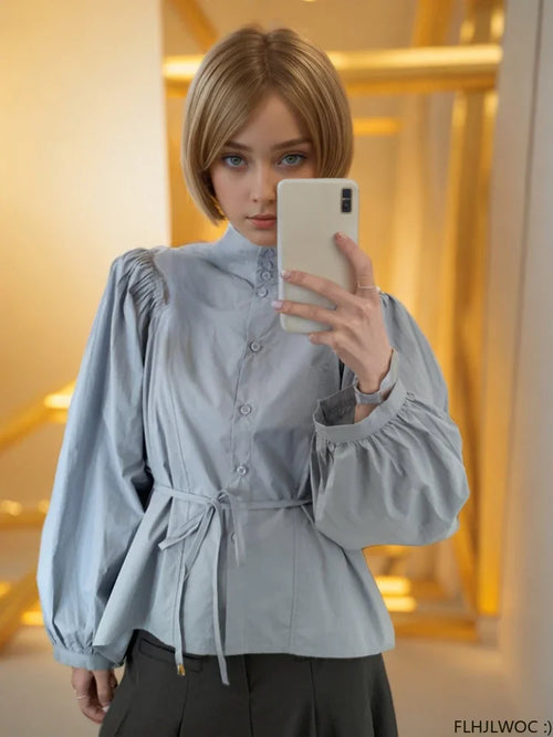 Cralom Autumn Cotton Turtleneck Tops, Chic French Style Button Shirts