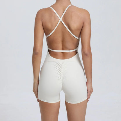 Cralom Women's Gym Fitness Jumpsuit Open Back Shorts Yoga Set