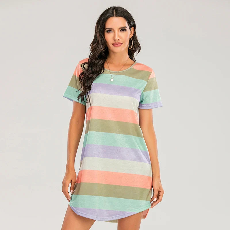 Cralom Rainbow Stripe Nightgown: Short Sleeve Loose Fit Women's Sleepwear & Summer Lounge Dress