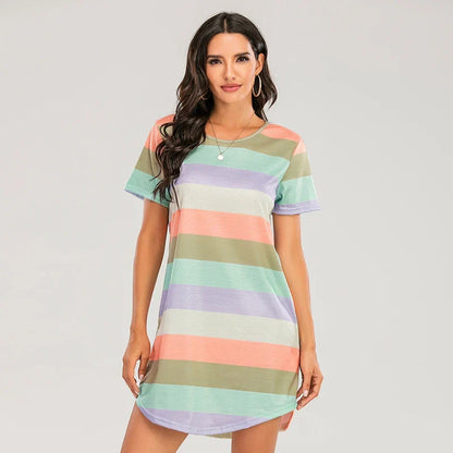 Cralom Rainbow Stripe Nightgown: Short Sleeve Loose Fit Women's Sleepwear & Summer Lounge Dress