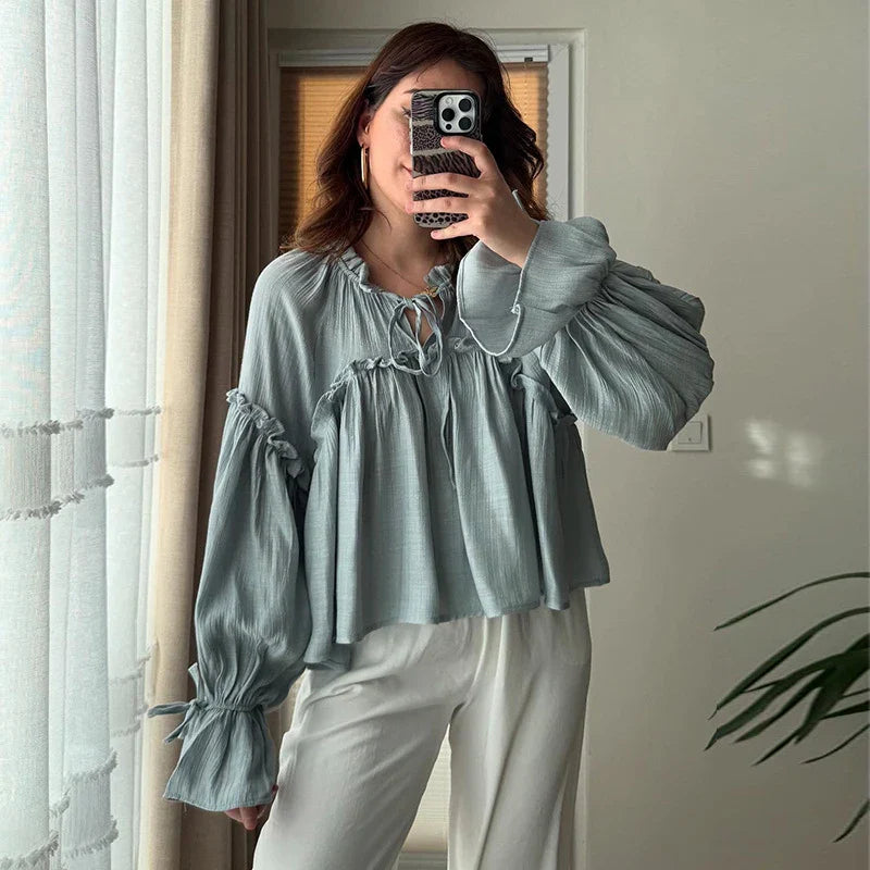 Cralom Casual Ruffles Shirt, Lantern Sleeves, Lace-Up O-Neck, Solid Color Streetwear