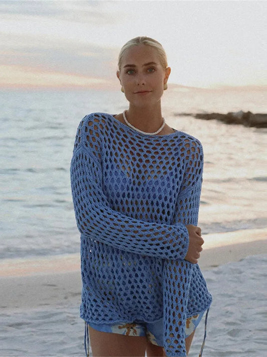 Cralom Knit Hollow Out Mini Dress Women's Beach Holiday Pullover