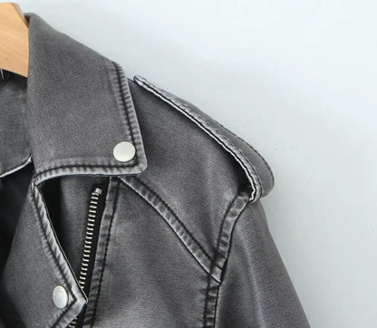 Cralom PU Leather Jacket with Zipper, Casual Lapel Motorcycle Coat for Women