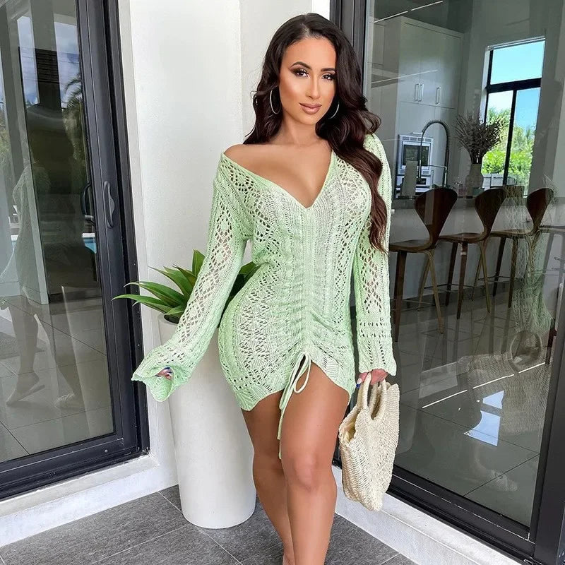 Cralom Solid Color V-neck Crochet Knit Dress Autumn 2024