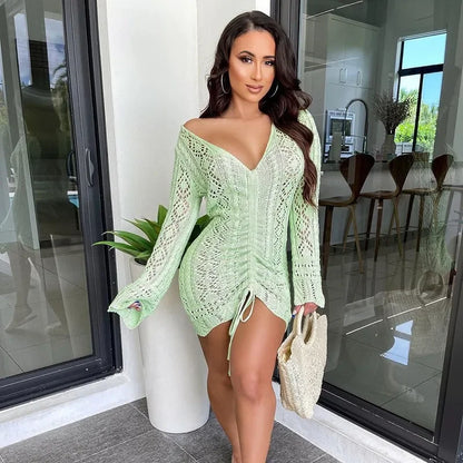 Cralom Solid Color V-neck Crochet Knit Dress Autumn 2024