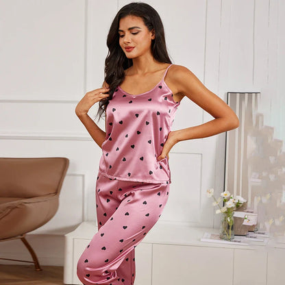 Cralom Silk Pajama Set: V Neck Cami Vest with Trousers, 2 Piece Sleepwear Loungewear