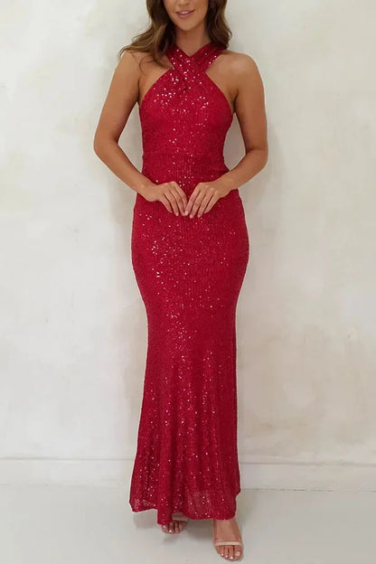 Cralom Sequin Beads Halter Neck Sleeveless Dress