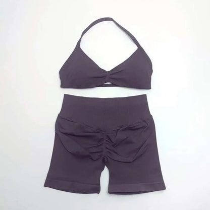 Cralom Strappy Bra & Shorts Yoga Set for Women - Pilates Fitness Sportswear
