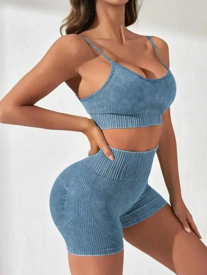 Cralom Sand Washed Seamless Yoga Set: Sports Bra & High Waist Gym Shorts