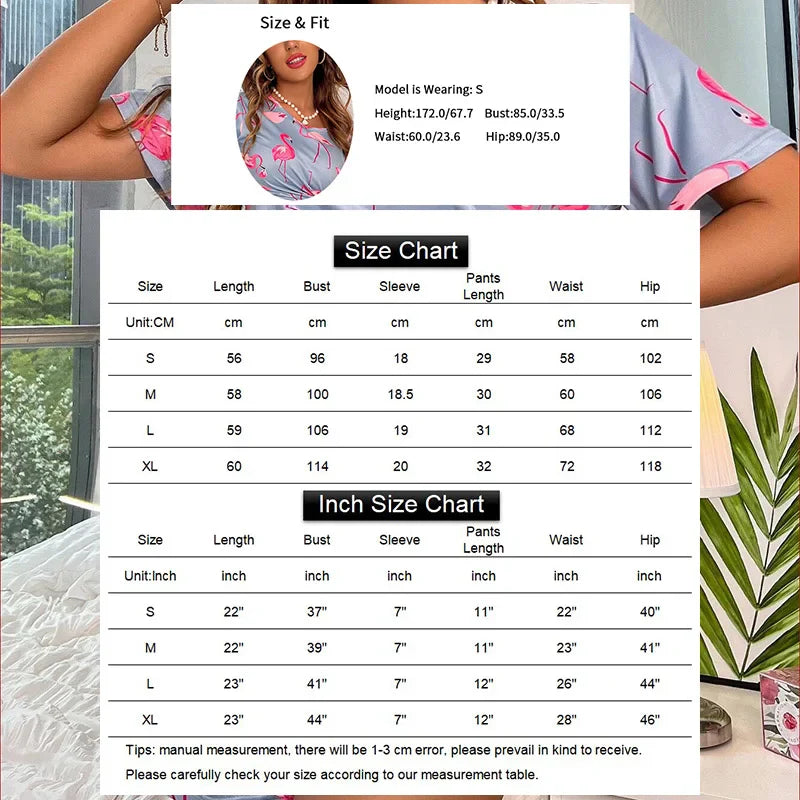 Short Sleeve Flamingo Print Pajama Set by Cralom