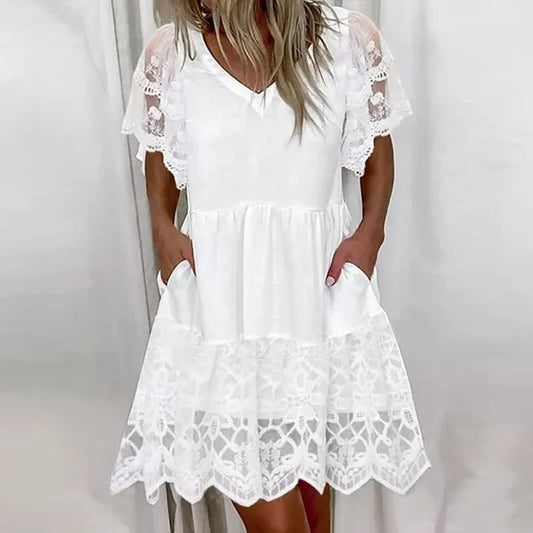 Cralom V-neck Lace Dress with Pockets