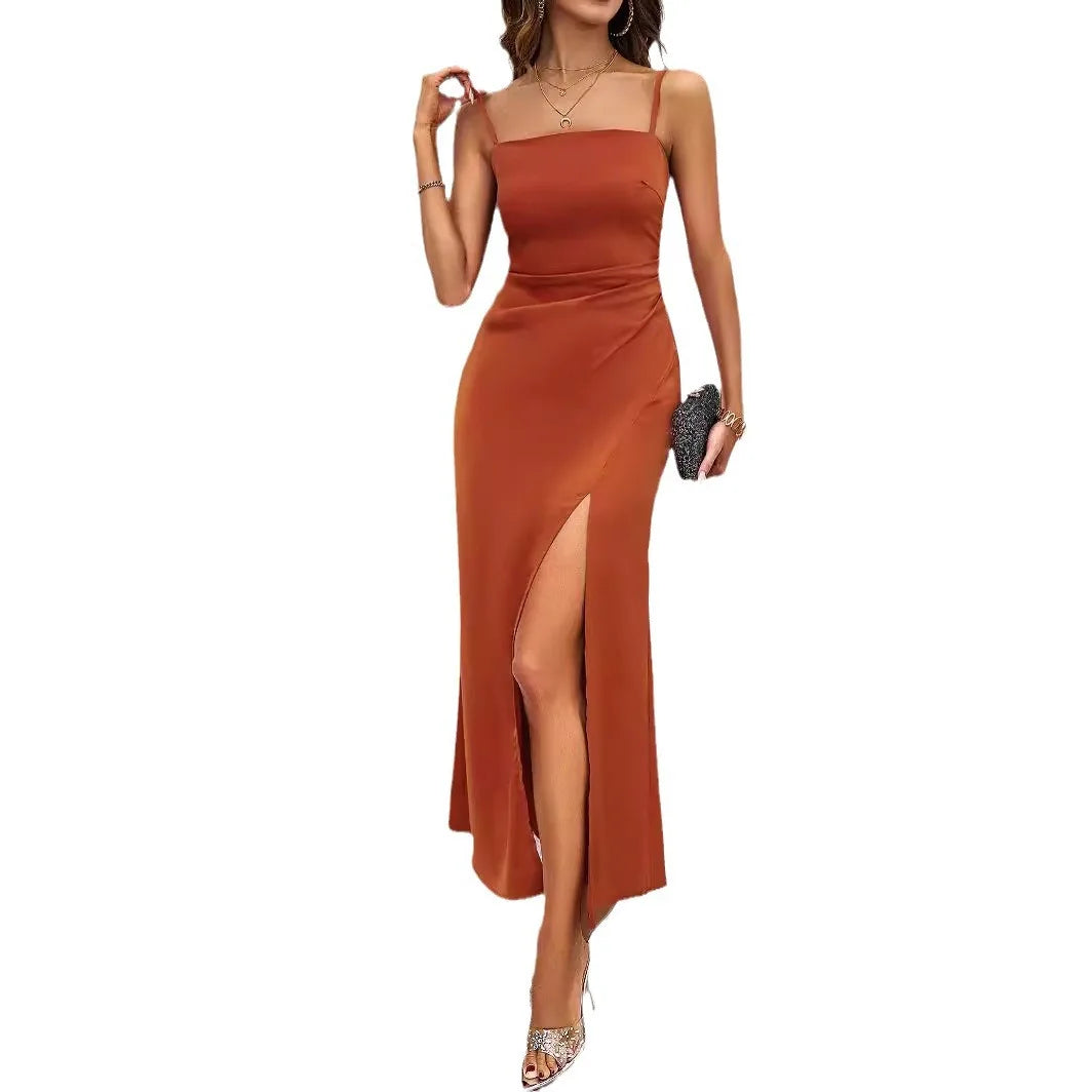 Cralom Square Neck Bareback Strap Split Dress