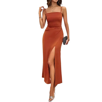 Cralom Square Neck Bareback Strap Split Dress