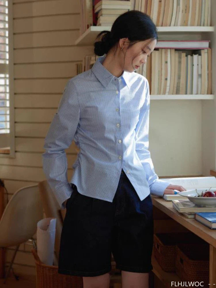 Cralom 2025 Spring Summer Plaid Button Blouse - Blue & White Slim Fit Office Top