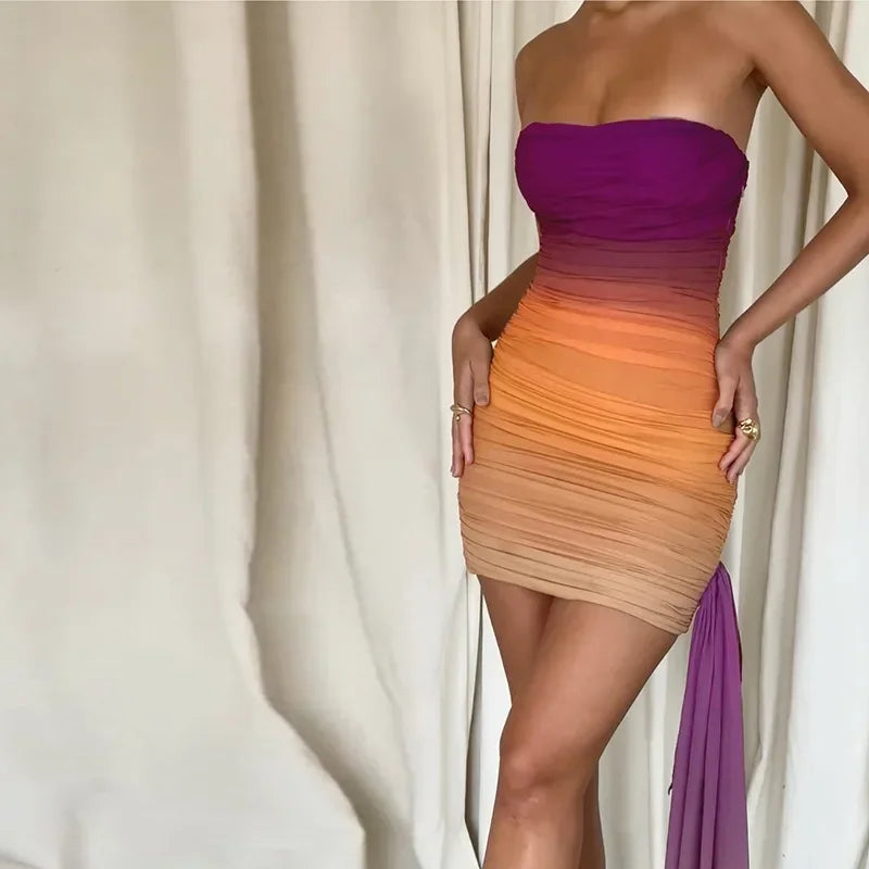 Cralom Gradient Pleated Backless Dress Strapless Fashion Summer 2024