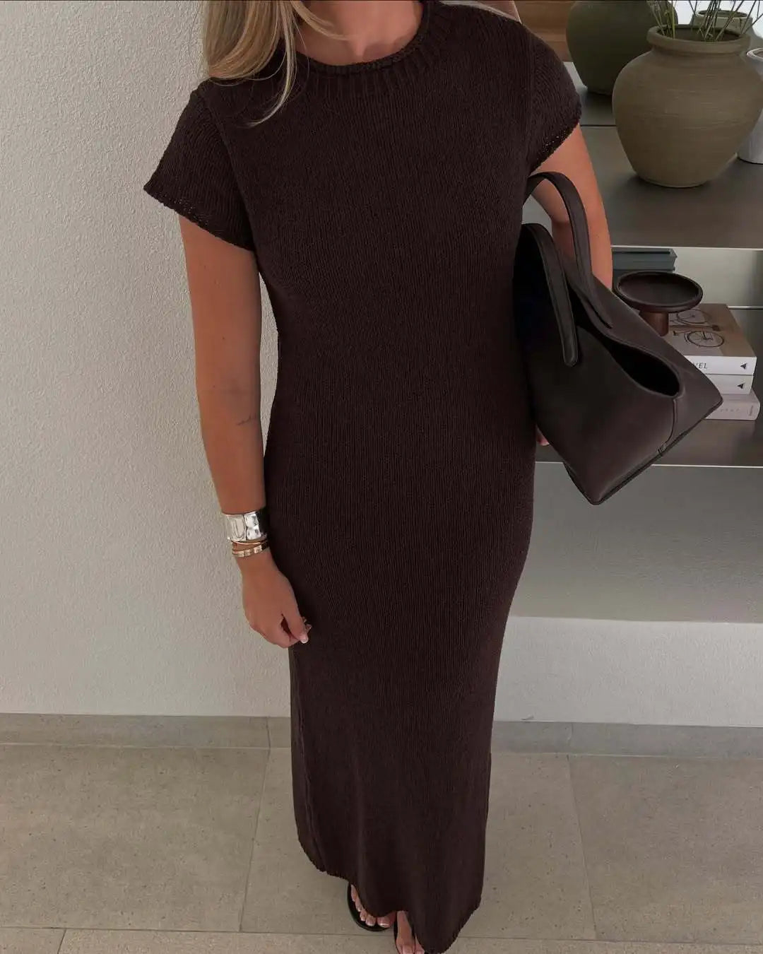 Cralom Women's Knitted A-line Dress with Short Sleeve and Round Neck