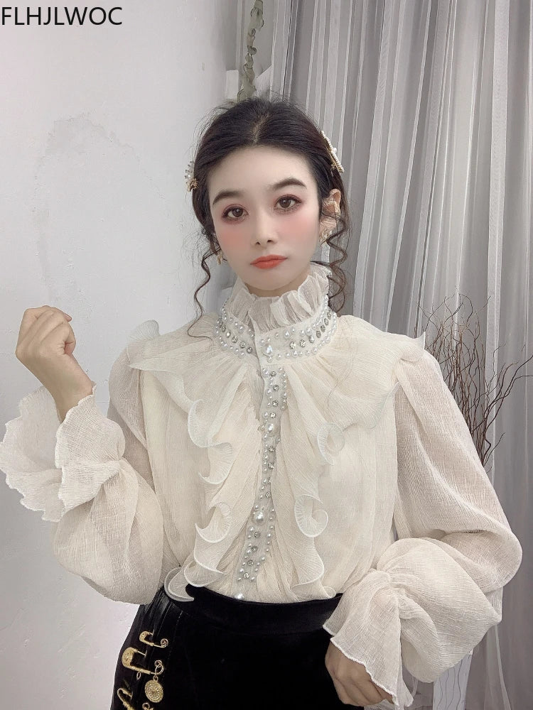 Cralom Flare Sleeve White Blouse with Bead Detail