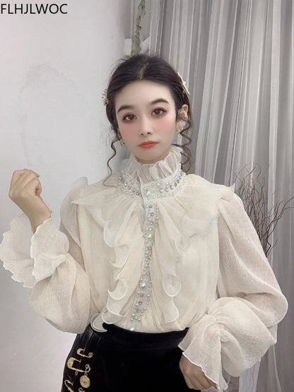 Cralom Flare Sleeve White Blouse with Bead Detail