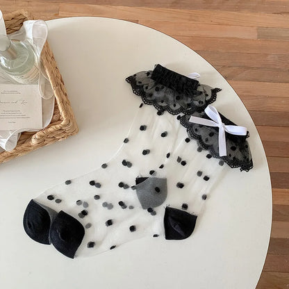 Cralom Lace Mid Tube Socks for Kids in Sweet Polka Dots