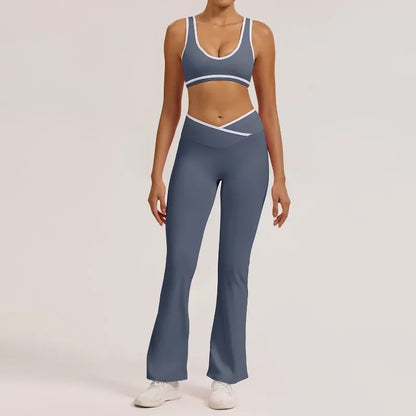 Cralom Seamless Yoga Set: Cross Waistband Pants & Nude Feel Sports Bra for Gym