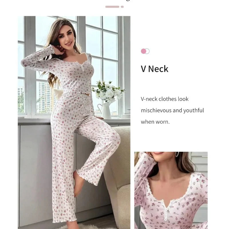 Cralom Printed Pajama Set: Long Sleeve Top, Elastic Waist Pants, Casual Spring Home Clothes
