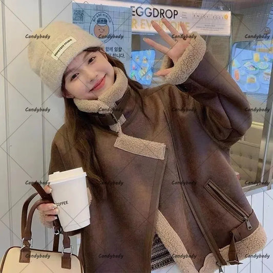 Cralom Imitation Lambswool Coat: Y2K Style Short Fur Jacket for Women