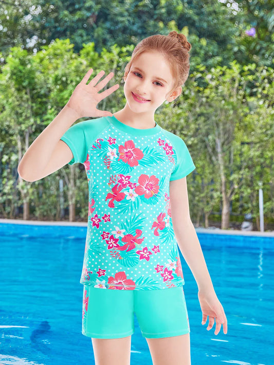 Girls' Cralom Floral Print Short Sleeve Swim Top & Boyleg Shorts Set, Turquoise Beach Swimwear