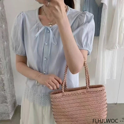 Cralom Lace Peplum Top - Short Sleeve Ruffles Hollow Out White Shirt