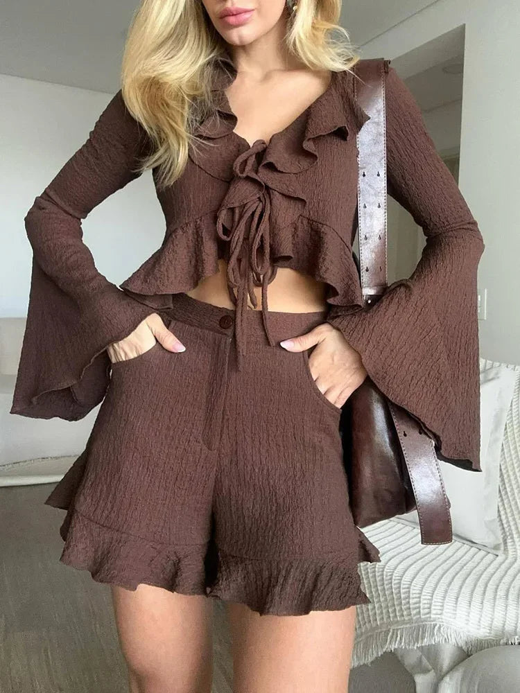 Cralom Lace Up Flare Sleeve Top & Short Set: Vintage Streetwear Style
