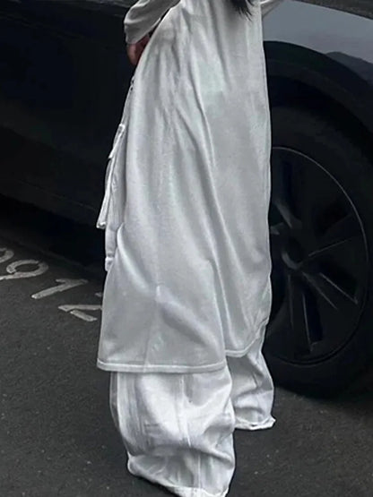 Cralom Streetwear Vintage Cargo Jeans High Waist Wide Leg Pants
