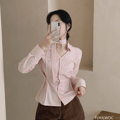 Cralom Striped Peplum Top Blouse Y2K Slim Waist Button Up Shirt