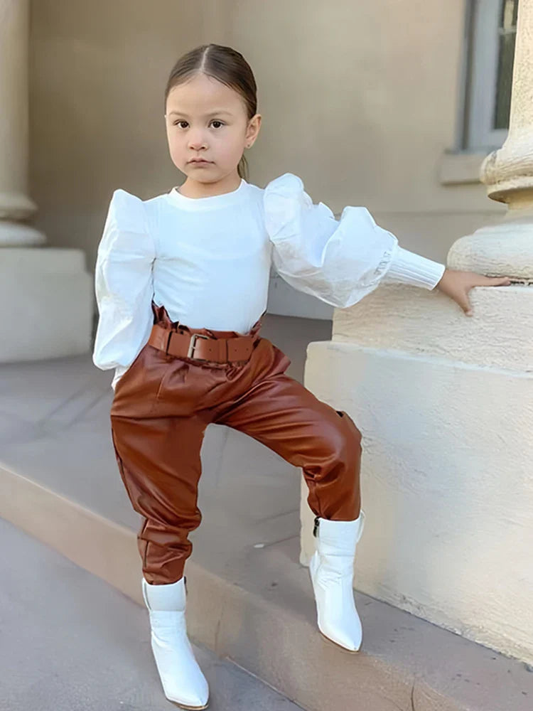 Cralom 3pcs Girl’s Puff Sleeve Ribbed Top + PU Leather Pants + Belt Set