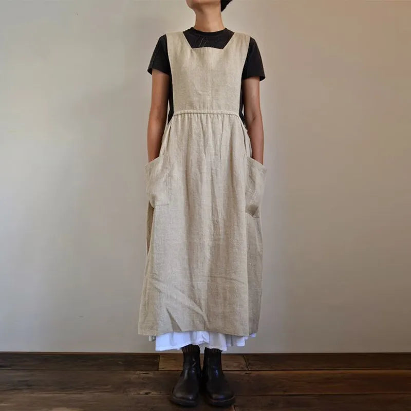 Cralom Sleeveless Cotton Linen Jumpsuit with Apron Design