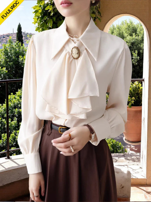 Cralom White Ruffled Bow Tie Office Blouse Elegant Chic Long Sleeve Women's Top