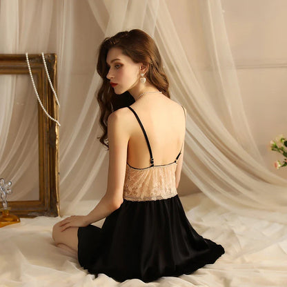 Cralom V Lace Backless Satin Nightgown Suspender Pajamas,Loungewear Chic Nightdress