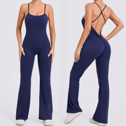 Cralom Cross Strap Yoga Jumpsuit - Flared Leg Fitness Suit