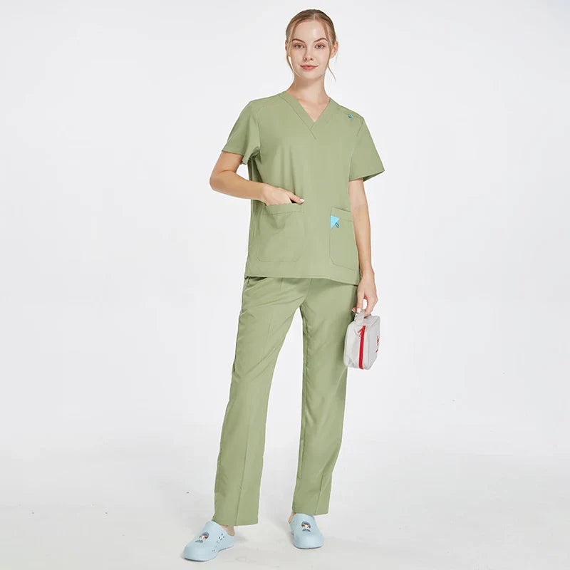 Cralom V-Neck Top & Straight Leg Pant Medical Scrub Set