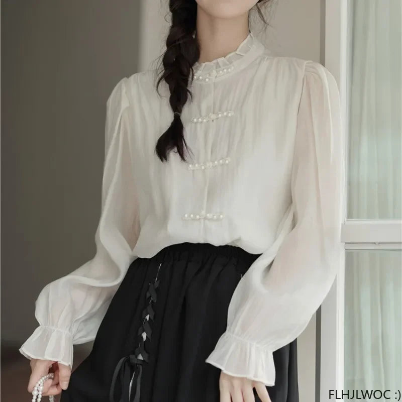 Cralom Chic Cotton Ruffles Beaded Chi-pao Collar Blouse