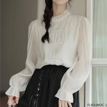 Cralom Chic Cotton Ruffles Beaded Chi-pao Collar Blouse