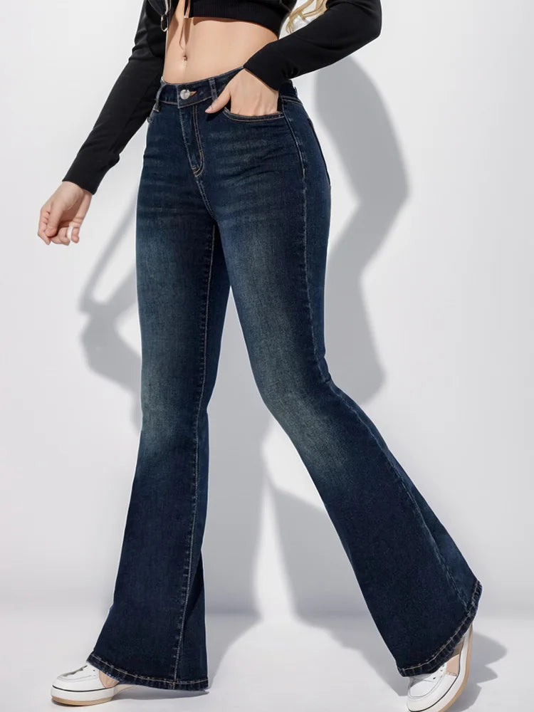 Cralom Vintage Washed Flare Jeans High Waist Slim Straight Pants