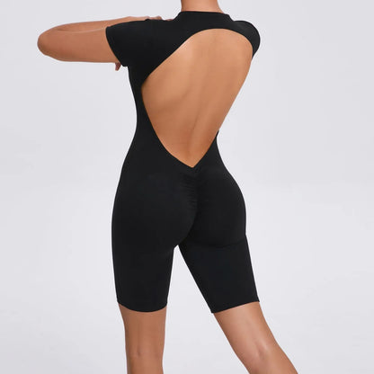Cralom Backless Zipper Yoga Bodysuit: Short Sleeve Gym Activewear for Running & Workout