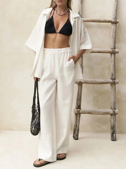 Cralom 2025 Summer Casual Cotton 2-Piece Set: Short-Sleeved Shirt & Loose Pants