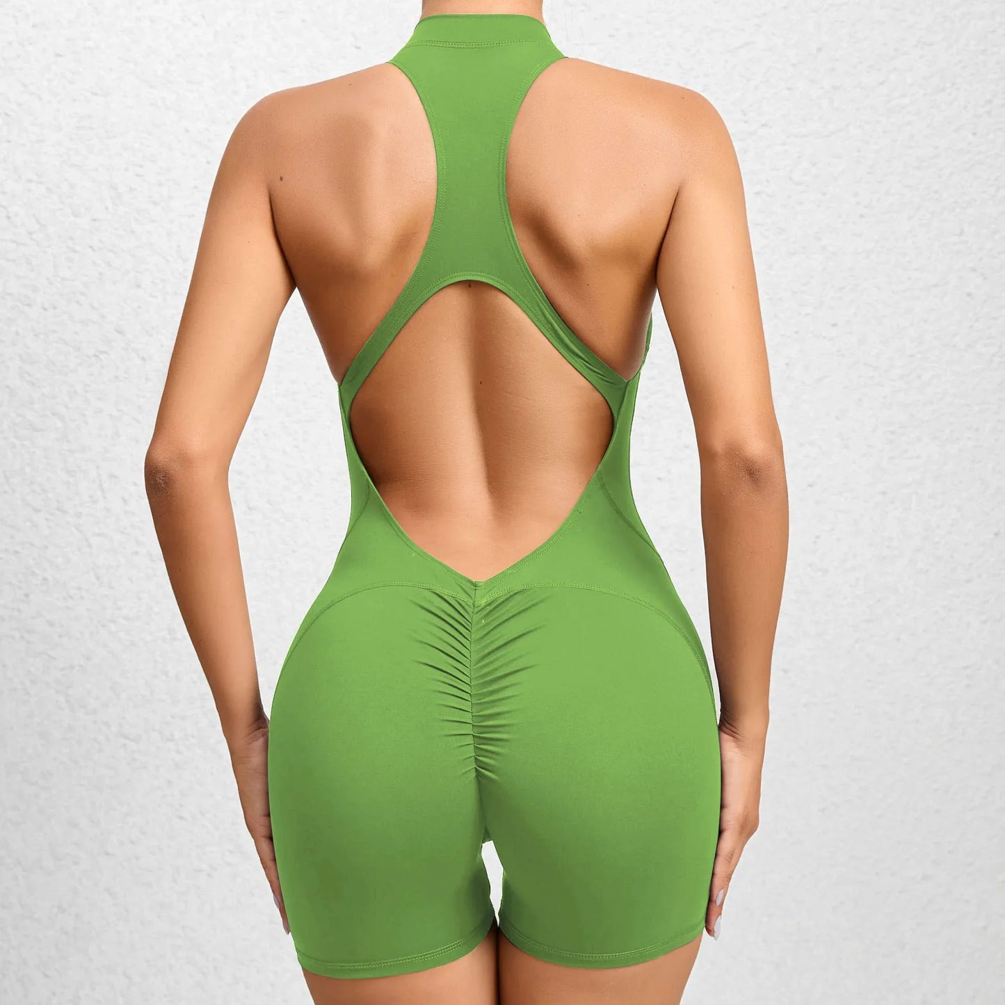Cralom Seamless Yoga Bodysuit: Zip-Front Peach Booty Ruched One-Piece