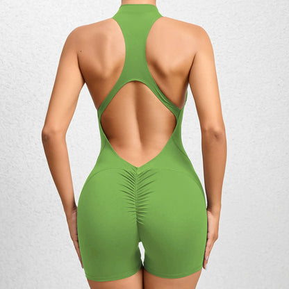 Cralom Seamless Yoga Bodysuit: Zip-Front Peach Booty Ruched One-Piece