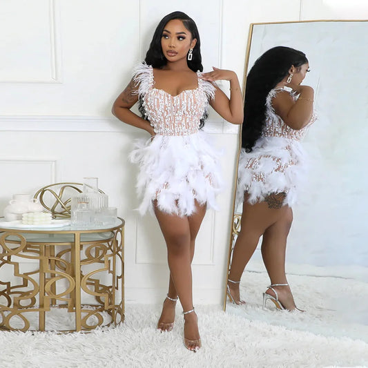 Cralom V-neck Dress with Nail Beads and Feathers