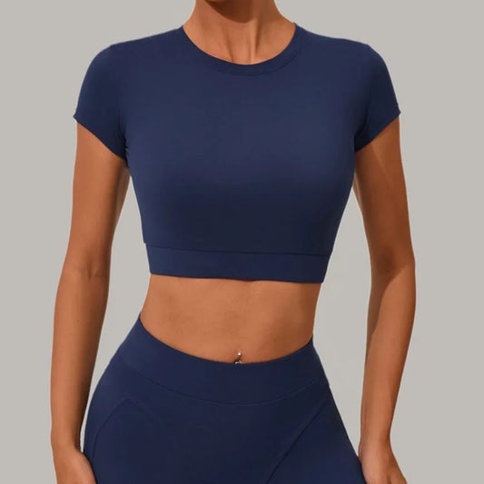 Cralom Seamless Yoga Workout Top Short Sleeve Tight Fitness T-shirt