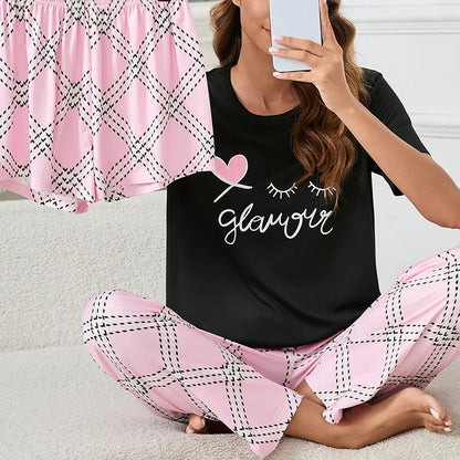 Cralom Women's Heart Print Pajama Set with Short-Sleeve Top, Shorts & Long Pants
