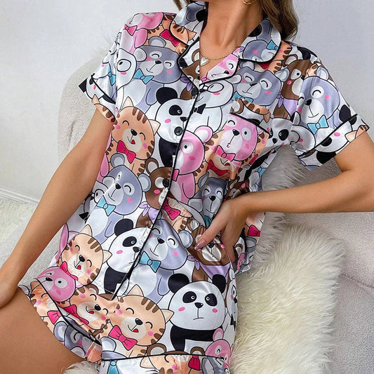 Cralom Heart Print Pajama Set: Short Sleeve Top & Shorts Sleepwear