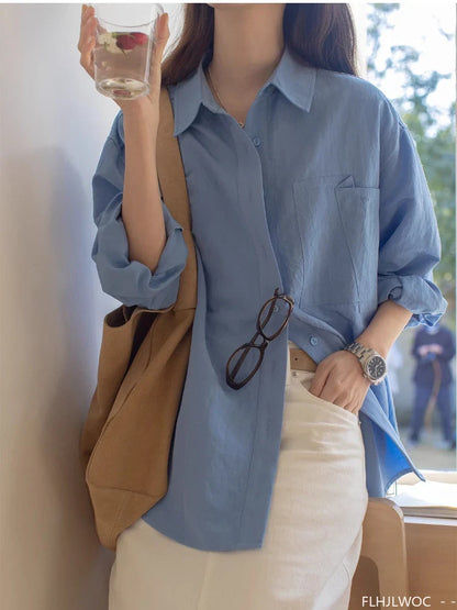 Cralom Retro Vintage Button-Up Blouse_Long Sleeve Loose Fit Boyfriend Style