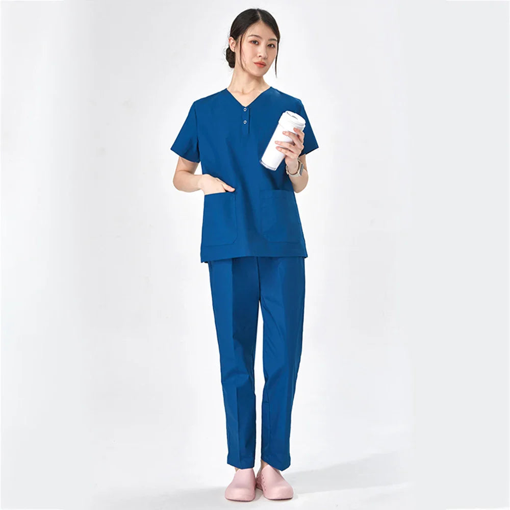 Cralom Scrubs Set for Women Men Veterinarians - Snap Neck Medical Uniform Suit